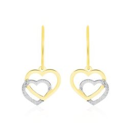 Boucles D'oreilles Pendantes Double Coeur Satines Or Bicolore