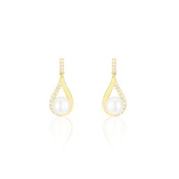 Boucles D'oreilles Pendantes Helin Or Jaune Perle De Culture Et Oxyde