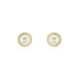 Boucles D'oreilles Puces Grizel Or Jaune Perle De Culture Et Oxyde