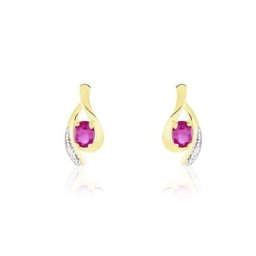 Boucles D'oreilles Puces Sagesse Or Jaune Rubis Et Diamant