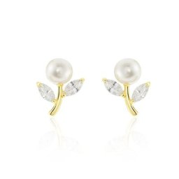 Boucles D'oreilles Puces Frigga Or Jaune Perle De Culture Et Oxyde