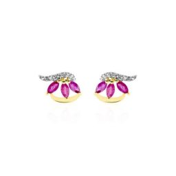 Boucles D'oreilles Puces Petale Or Bicolore Rubis Et Diamant