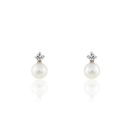 Boucles D'oreilles Puces Eolande Or Blanc Perle De Culture Et Oxyde
