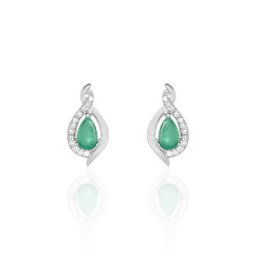 Boucles D'oreilles Puces Angelika Or Blanc Emeraude Et Diamant
