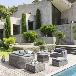 Table basse carrée relevable Mooréa Terre d'ombre Jardin Aluminium traité époxy, Résine tressée, Verre trempé