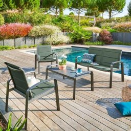 Salon de jardin Elyn Vert olive Graphite 4 places - Aluminium, Texaline