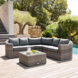 Salon d'angle de jardin Mooréa Terre d'ombre 5 places - Aluminium traité époxy, Résine tressée, Polyester