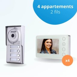 Portier interphone vidéo neo 2 fils - 4 appartements - 4 écrans blancs