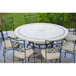 Table de jardin mosaA¯que 90-125-160 ronde pierre marbre IMHOTEP