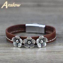 Anslow marque bijoux de mode tendance rétro Vintage fleur Bracelet en cuir porte-bonheur pour femmes