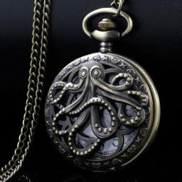 Montre de poche à quartz creuse vintage Dark Monster Octopus Steampunk Black FOB JOWatch collier