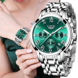 LIGE-Montre-bracelet de luxe en acier inoxydable pour femme chronographe à quartz étanche avec