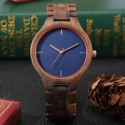 Montre-bracelet à Quartz en bois de noyer pur rétro Simple sans mot cadran bleu sport pour