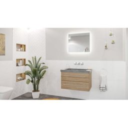 Damo décor chêne avec vasque granit G654, 75cm sans pré-perçage & miroir à LED