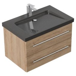 Meuble SDB Damo en décor chêne avec simple vasque en granit India Black 75cm