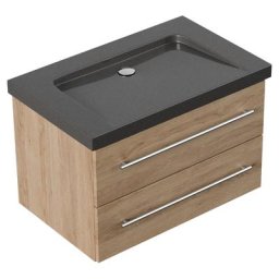 Meuble SDB Damo décor chêne avec vasque granit IndiaBlack 75cm sans pré-perçage
