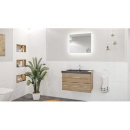 Damo décor chêne avec simple vasque en granit India Black 75cm & miroir à LED