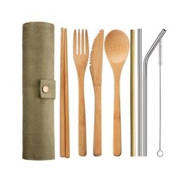 Ensemble de couverts en bambou avec sac à couverts fourchette en bois réutilisable cuillère