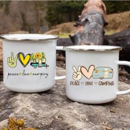 Tasse à café imprimée Peace Love Camp tasses en émail de voyage en plein air pique-nique de
