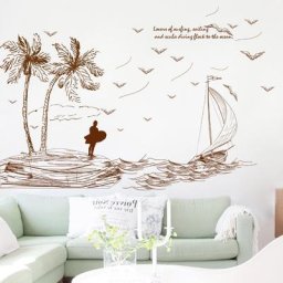 Autocollants Muraux avec Motifs de Cocotiers Voilier Mer Plage Surf Paysage Décoration de
