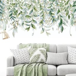 Autocollants muraux de vigne plantes vertes aquarelle Stickers muraux de feuilles vertes pour salon