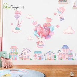 Autocollants muraux de ville rose de dessin animé pour chambres d'enfants décorations murales de