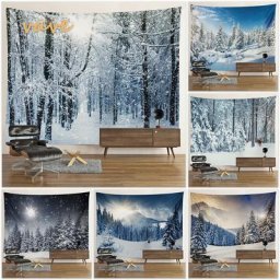 Tapisserie de forêt de neige d'hiver paysage de montagne grand tissu tenture murale tapisserie