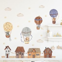 Autocollants muraux de dessin animé Boho pour enfants animaux sur montgolfière maison