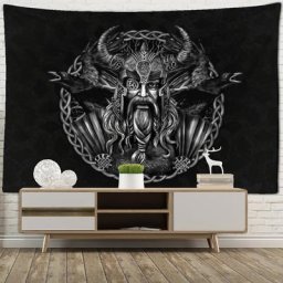 Grande tapisserie Viking mystique scène psychédélique confrontation bohème corbeau gril mural