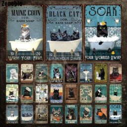 Affiche en métal chat noir prenant un bain drôle 18 signes animal vintage plaque autocollants
