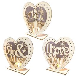 Décoration en bois MR & MRS plaque pendentif romantique en forme de cœur avec lumière LED