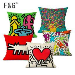 Juste de coussin carrée en lin avec graffiti taie d'oreiller décorative art abstrait coloré