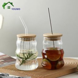 Gobelets en verre de 400 à 870ml avec pot Mason en paille jus clair café lait avec couvercles