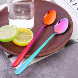 Cuillère à crème glacée en acier inoxydable 8 pièces arc-en-ciel irisé à Long manche Dessert thé