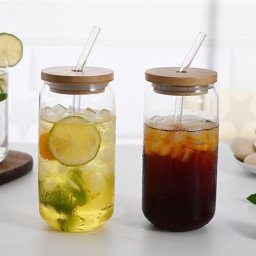 Tasse en Verre avec Couvercle en Bambou et Paille Transparent Bulle Thé Jus Bière Lait