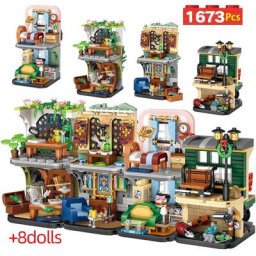 Mini figurines d'architecture 4 en 1 pour enfants briques de construction nuit rue ville