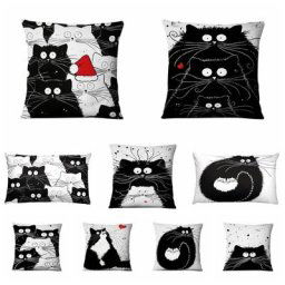 Ins-Taie d'oreiller imprimée chat noir et blanc dessin animé de Noël miaou coussin décoratif