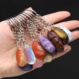 Porte-clés en pierre cristal naturel pour moto en acier inoxydable pendentif accessoires décor