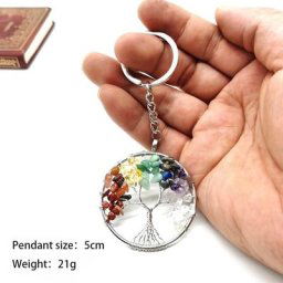 Porte-Clés en Pierre Naturelle des 7 Chakras Pendentif Arbre de Vie en Clip Massage pour Voiture