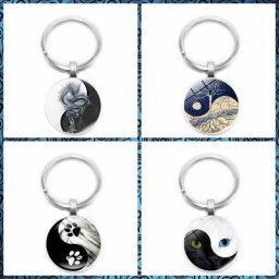 Yin et Composer-Porte-clés griffe de chat noir et blanc arbre de vie porte-clés rond convexe en