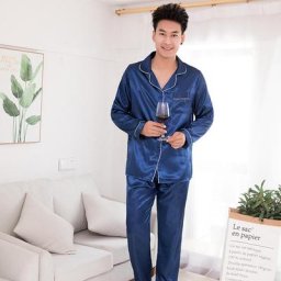 InjSatin-Ensemble de Pyjama Deux Pièces pour Homme Vêtements de Nuit à la Mode Solide à Manches