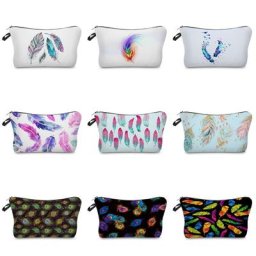 Trousse de maquillage portable avec impression de plumes pour femme sac de rangement pour