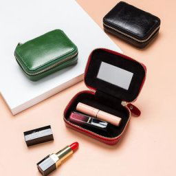 Trousse de maquillage en cuir véritable avec miroir trousse de toilette étui à cosmétiques disque