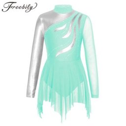Robe de patinage artistique avec biscuits brillants pour filles manches longues épissure