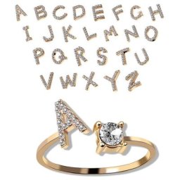 Bagues ouvertes initiales de 26 lettres pour femmes Zircon couleur or manchette d'alphabet à la