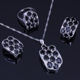Ensemble de bijoux plaqués argent avec zircon cubique boucles d'oreilles noires pendentif JORing