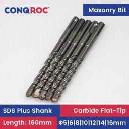Mèches de maçonnerie SDS Plus tige Length-160mm carbure à pointe plate 5 pièces diamètre-6 ~ 16mm