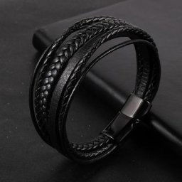 Bracelet en cuir véritable tressé pour hommes et femmes Design Simple noir boucle magnétique en
