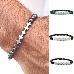 Bracelet Vintage en pierre volcanique pour hommes perles croisées couleur argent hématite
