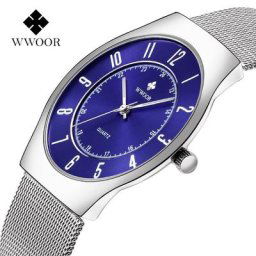 WWOOR-Montre classique à quartz pour homme marque de luxe bleu sport ultra-mince maille en